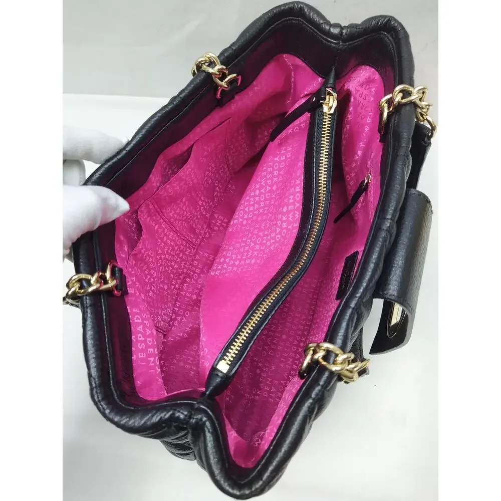 Kate Spade Black Leather Quilted Chain Strap Turnlock Satchel Shoulder Bag